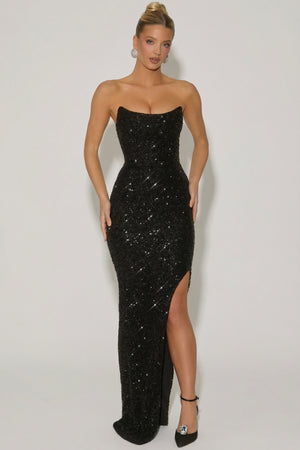 Oh Polly's Marie wearing the Jasella Gown Length Dress in Black Sequin fabric perfect for a formal gala