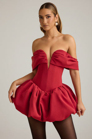 Off-Shoulder Layered Bubble Hem Corset Mini Dress in True Red