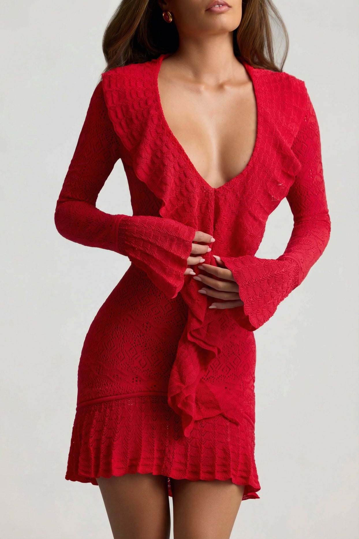 Ruffle-Trim Pointelle-Knit Mini Dress in Scarlet Red - 5
