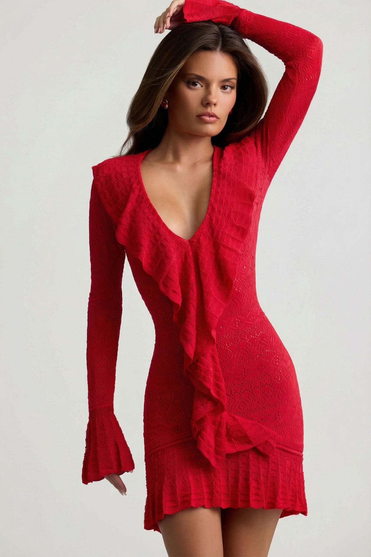 Ruffle-Trim Pointelle-Knit Mini Dress in Scarlet Red - 6