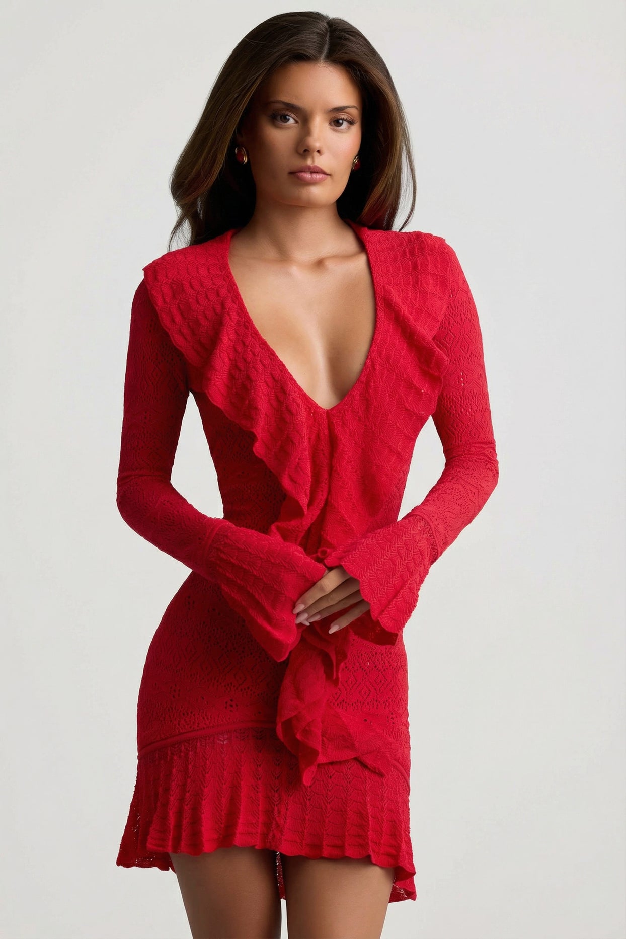 Ruffle-Trim Pointelle-Knit Mini Dress in Scarlet Red - 8