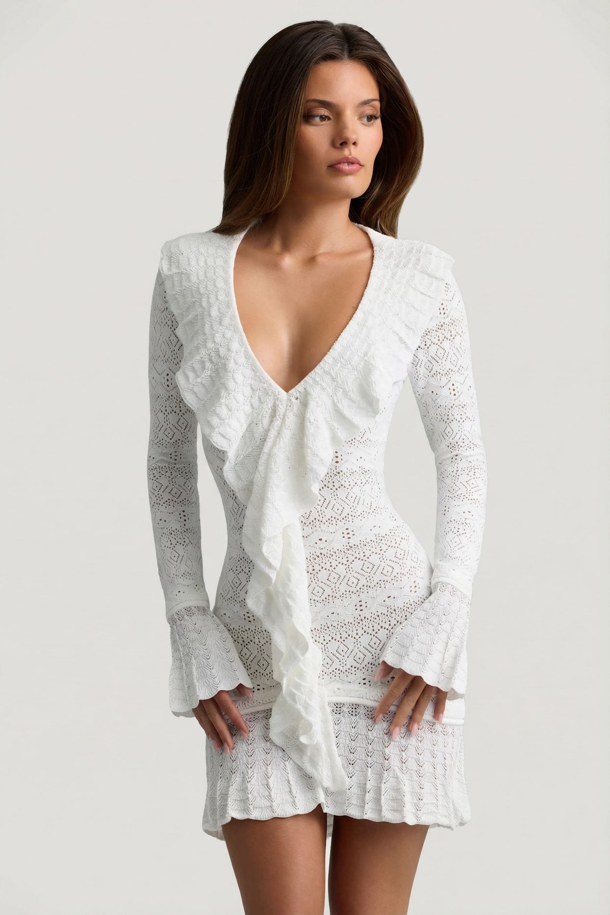 Ruffle-Trim Pointelle-Knit Mini Dress in White - 8