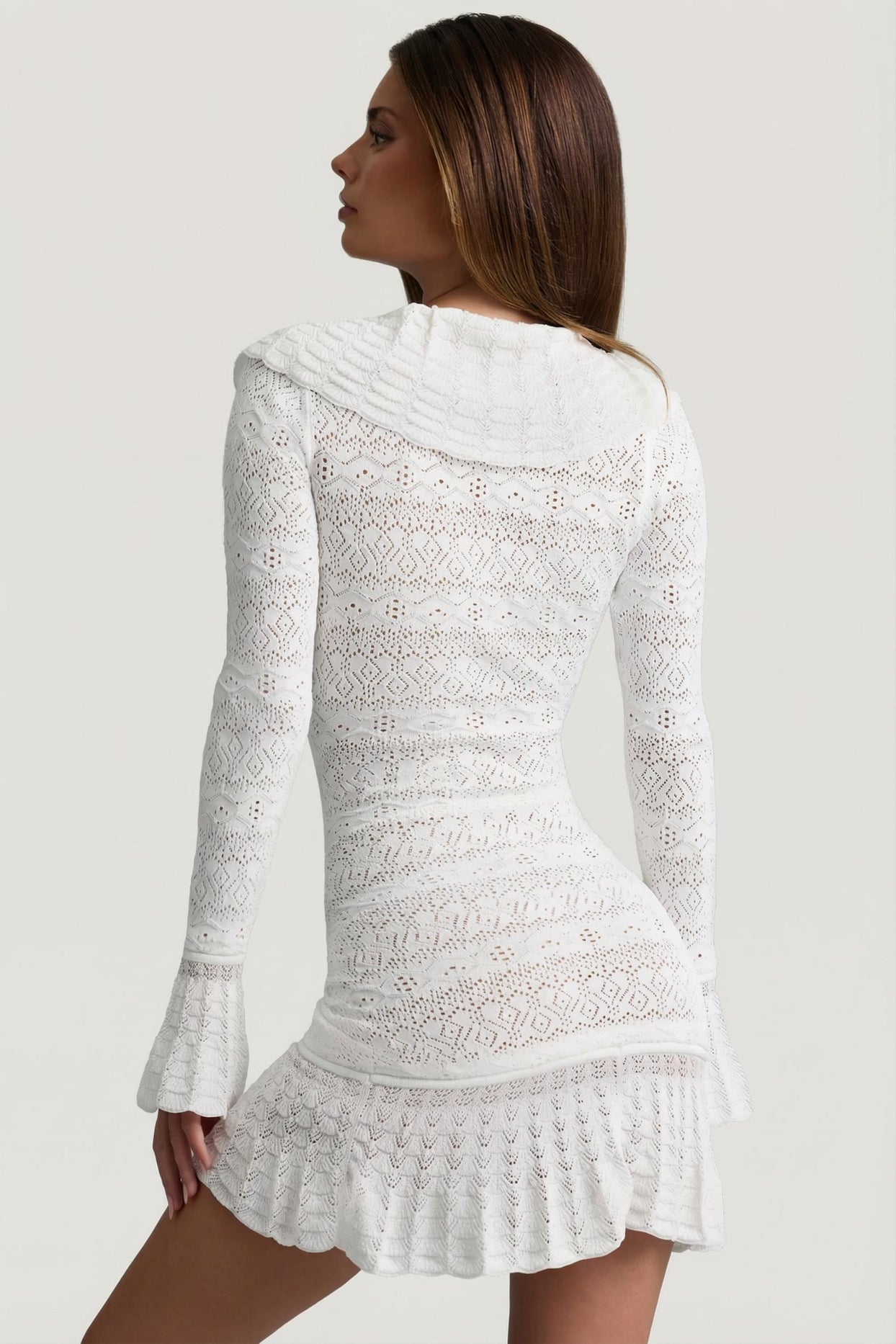 Ruffle-Trim Pointelle-Knit Mini Dress in White - 7