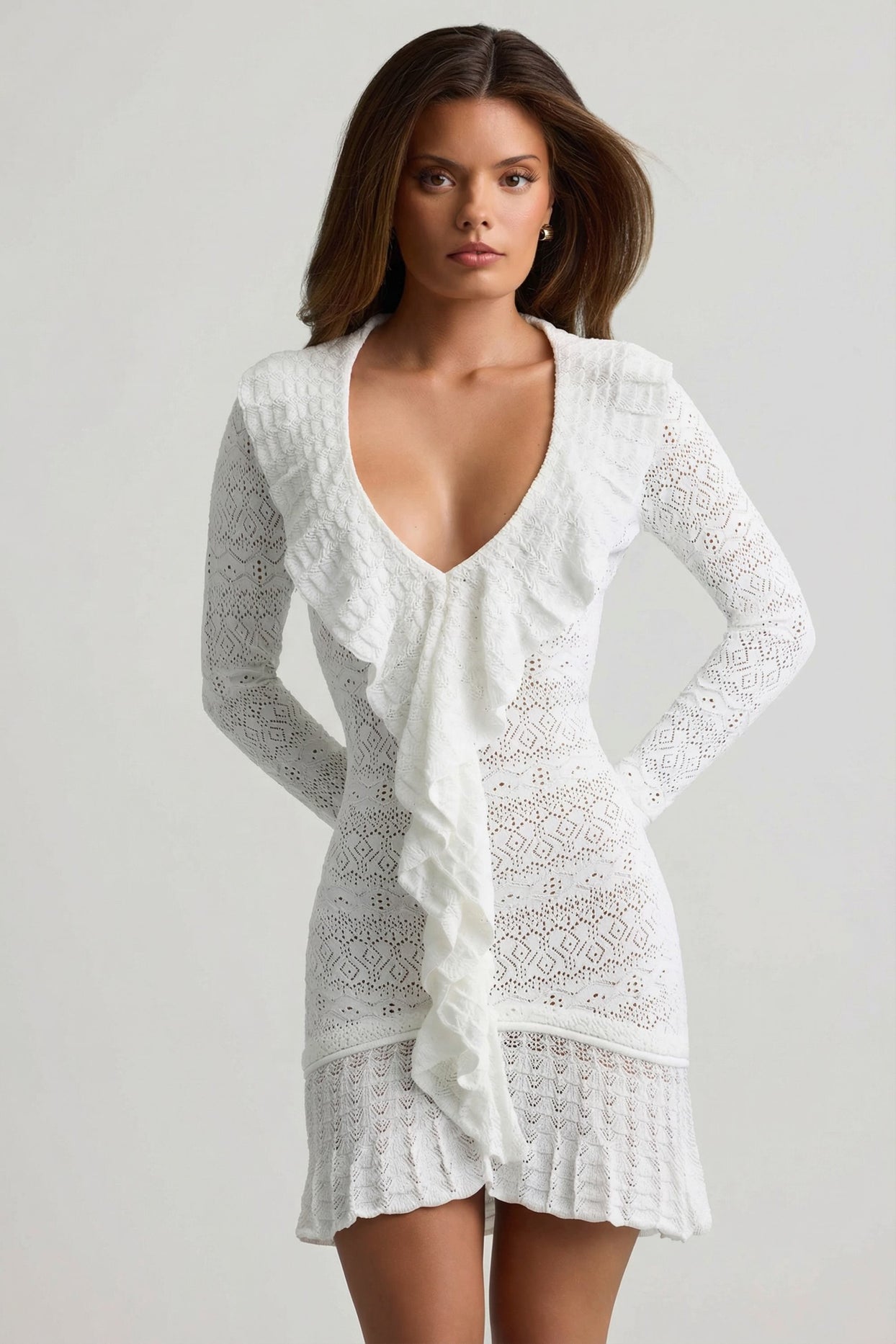 Ruffle-Trim Pointelle-Knit Mini Dress in White - 6