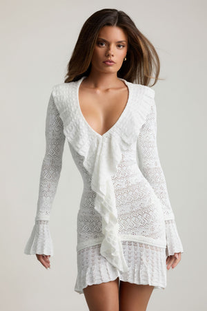 Ruffle-Trim Pointelle-Knit Mini Dress in White