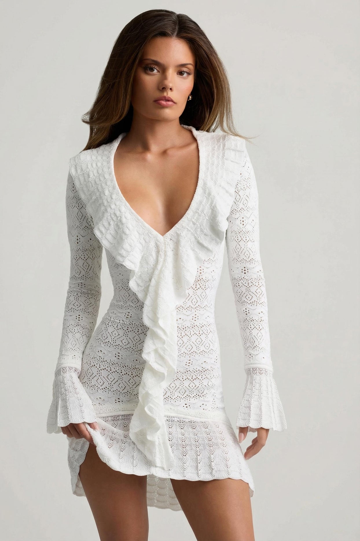 Ruffle-Trim Pointelle-Knit Mini Dress in White - 9
