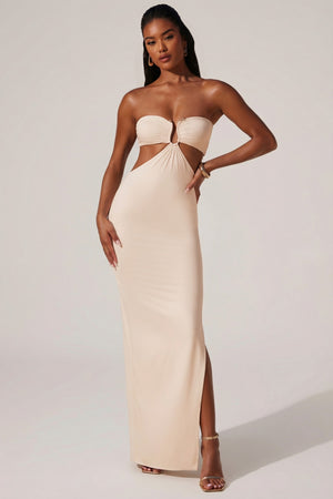 Juniper Ruched Hardware Detail Bandeau Floor Length Dress in Ivory