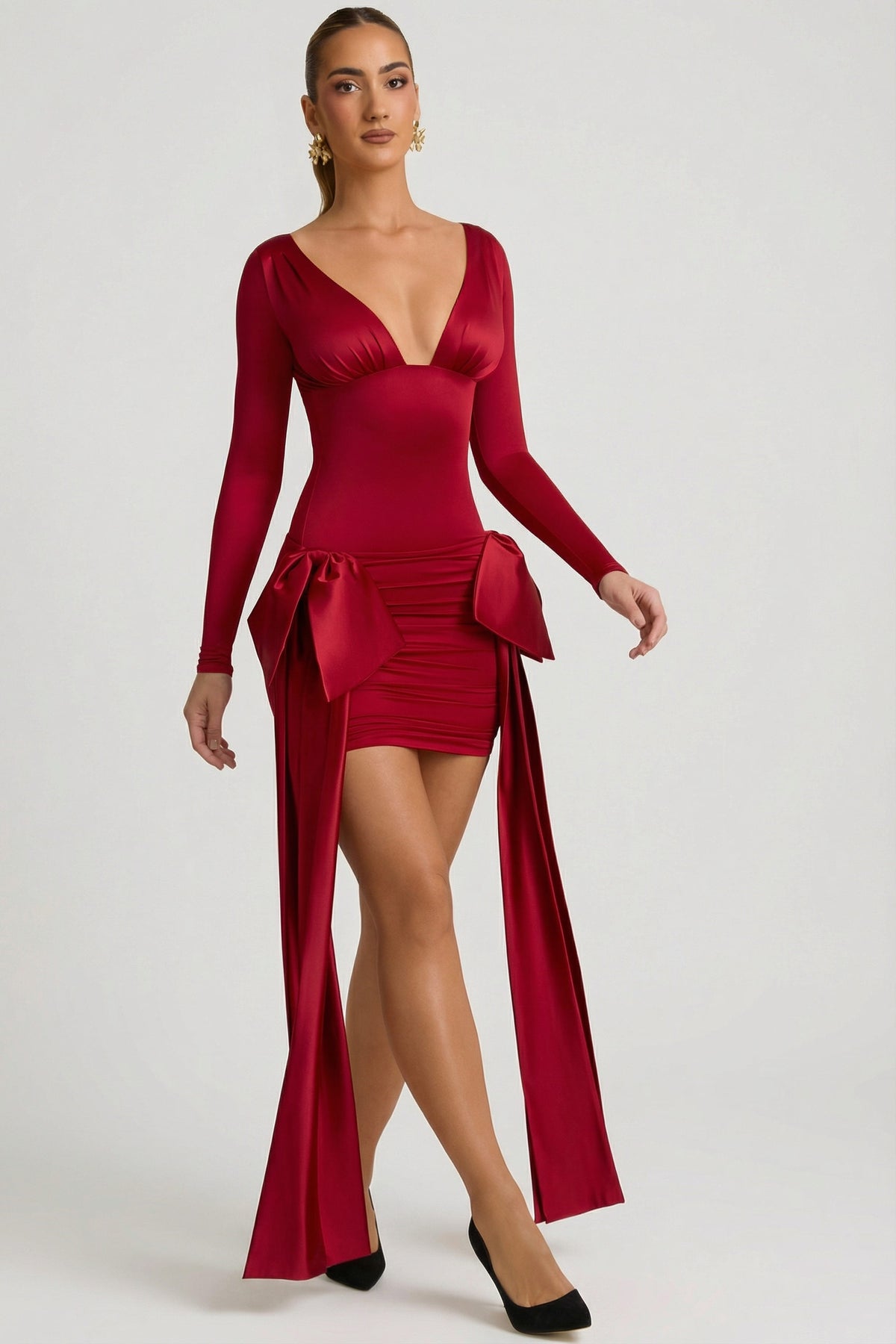 Bow-Detail Ruched Mini Dress in True Red