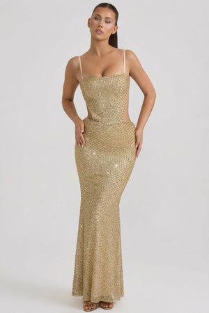Oh Polly's Sarah wearing the Katalia Gown Length Dress in Gold Pearl Embellished fabric perfect for prom night elegance