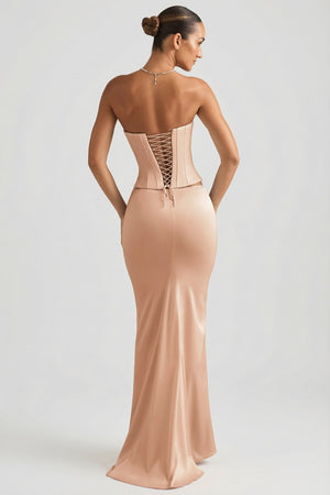 Draped Low-Rise Maxi Skirt in Beige Gold