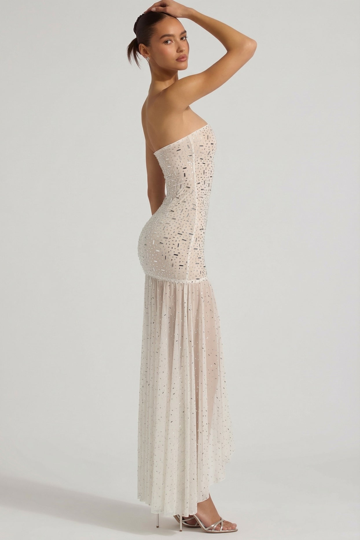Semi-Sheer Embellished Asymmetric Maxi Dress in White - 6