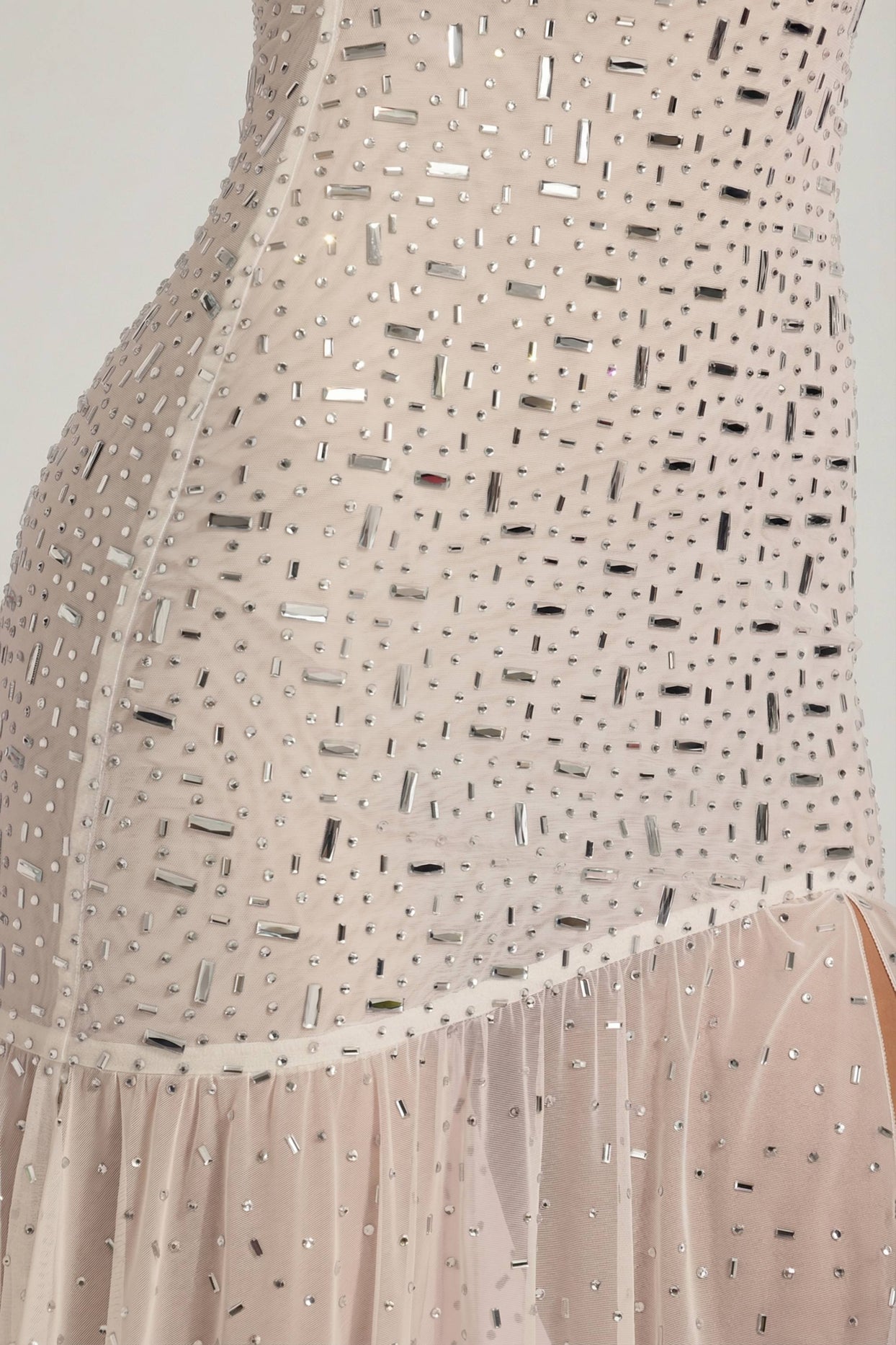 Semi-Sheer Embellished Asymmetric Maxi Dress in White - 5