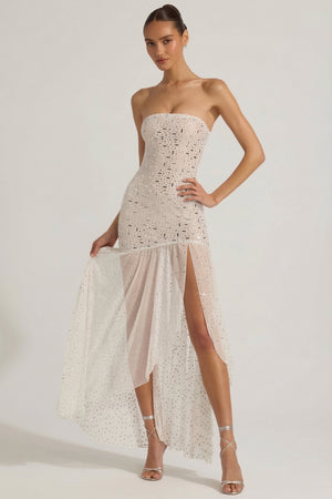 Kerra Semi-Sheer Embellished Asymmetric Maxi Dress in White | Oh Polly Kerra Semi-Sheer Embellished Asymmetric Maxi Dress in White | Oh Polly