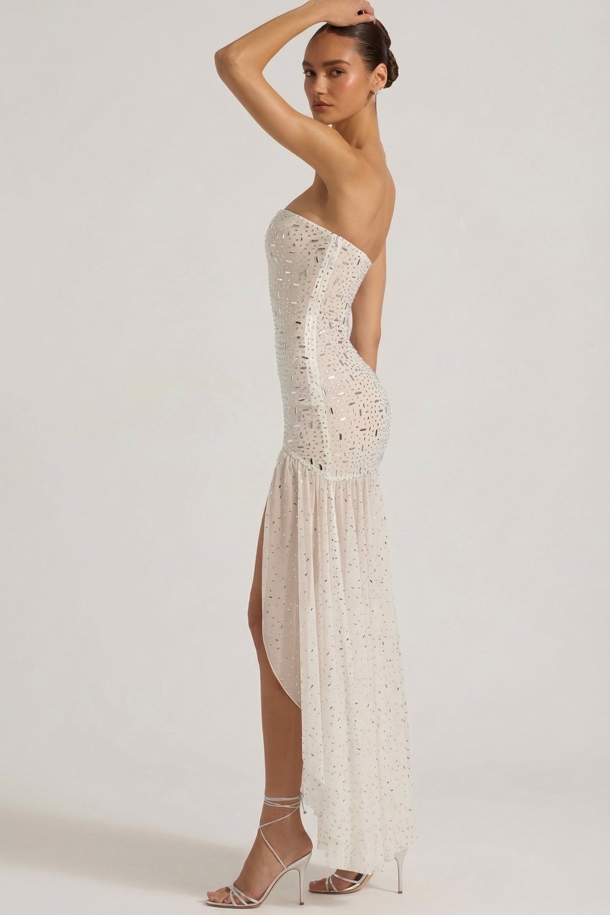 Semi-Sheer Embellished Asymmetric Maxi Dress in White - 7
