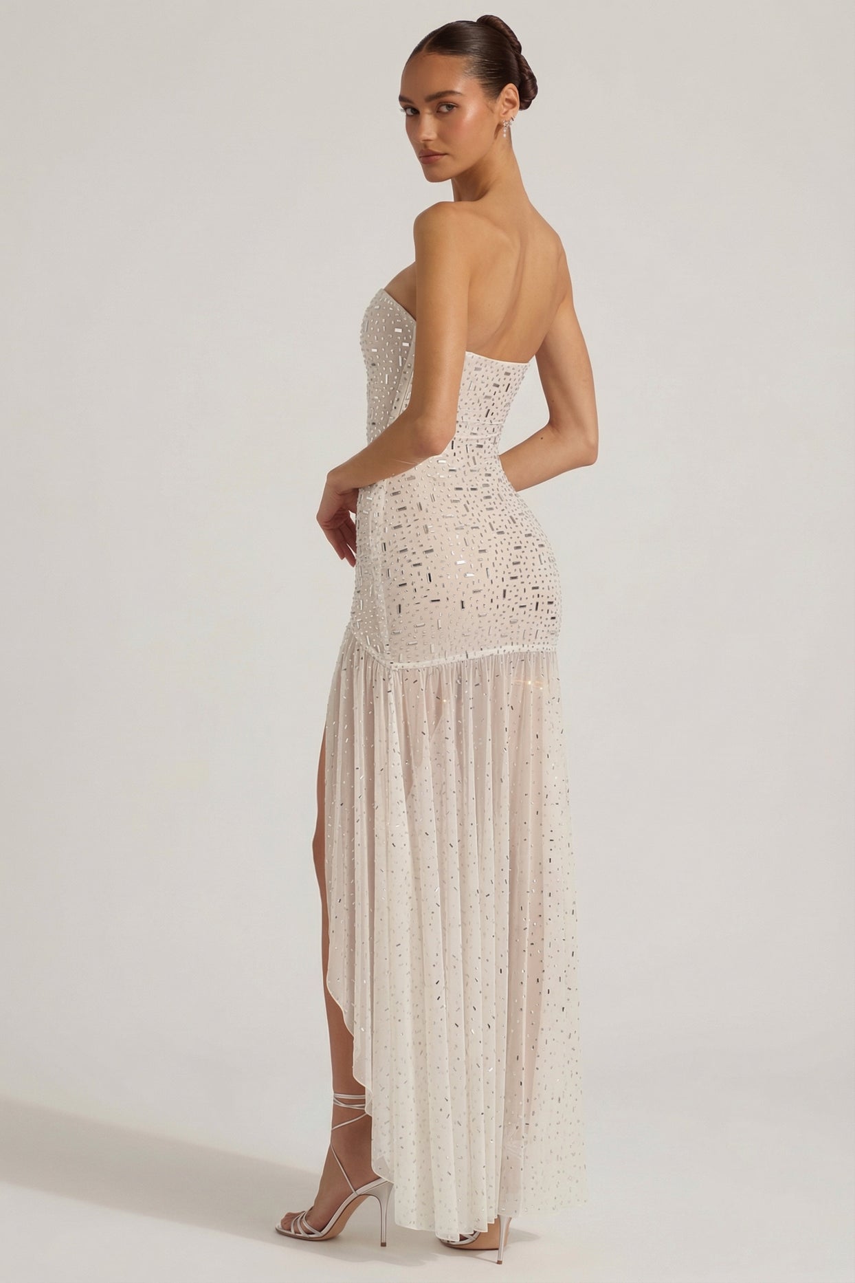 Semi-Sheer Embellished Asymmetric Maxi Dress in White - 8