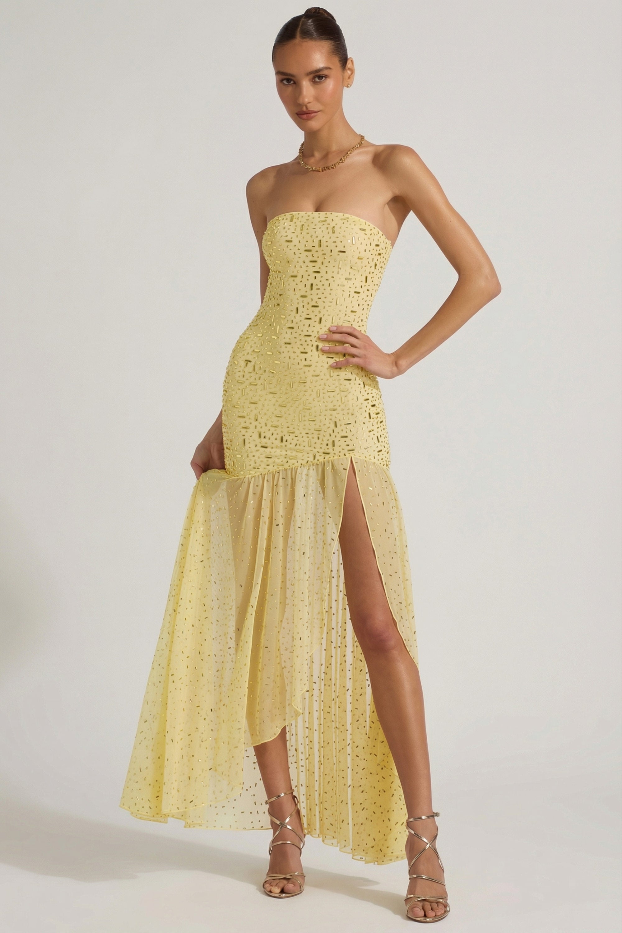 Semi-Sheer Embellished Asymmetric Maxi Dress in Yellow