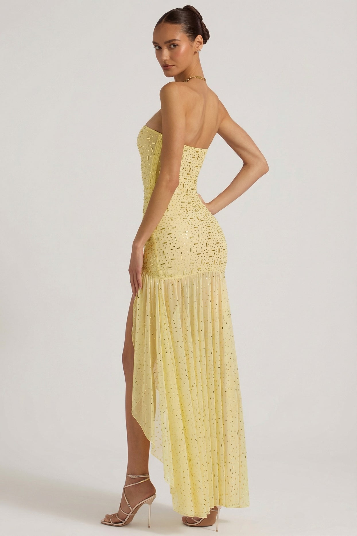 Semi-Sheer Embellished Asymmetric Maxi Dress in Yellow - 7