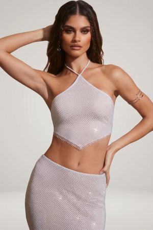Oh Polly's Lini wearing the Kiva Crop Top in Silver Rhinestone fabric perfect for clubbing with friends