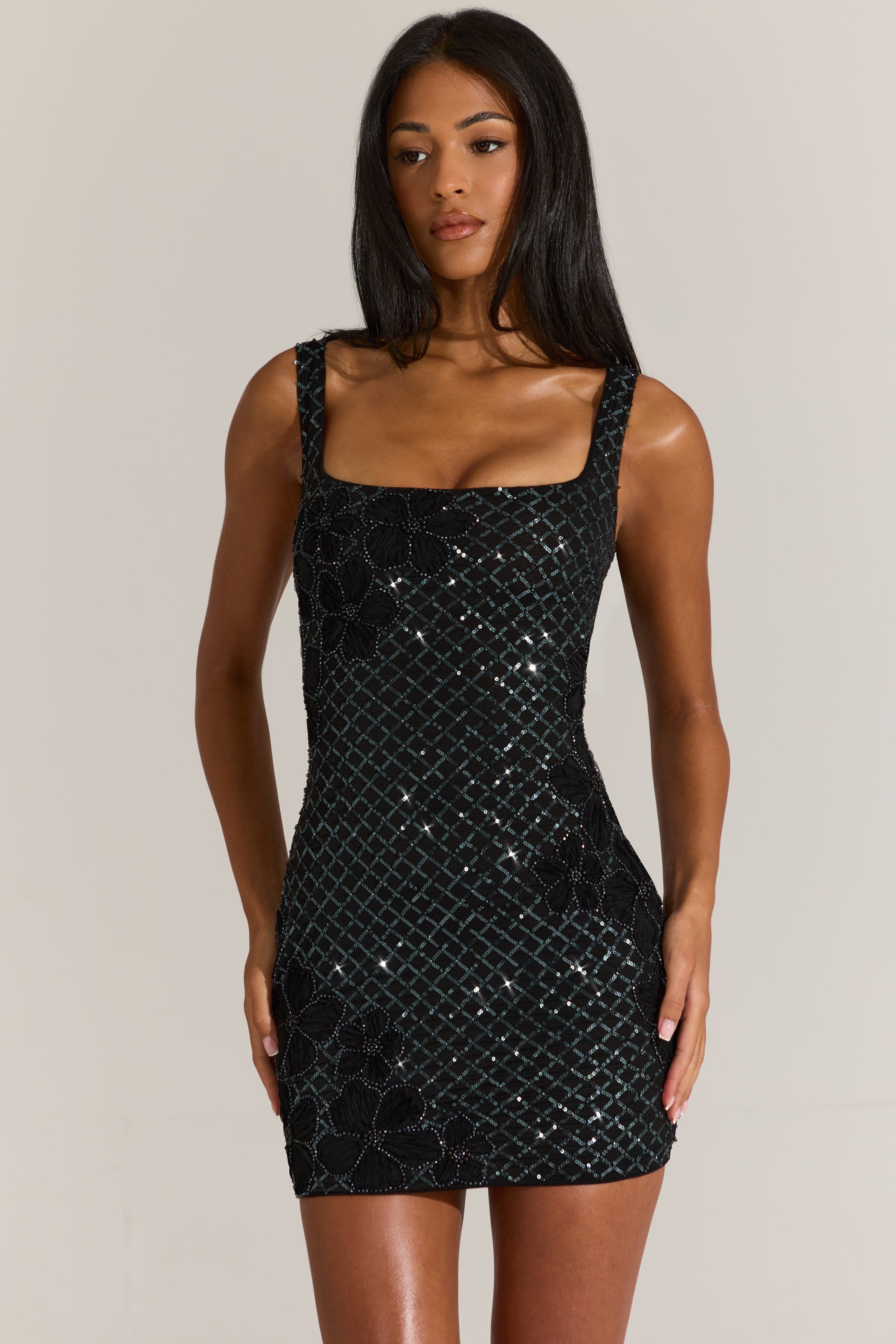 Embellished Square-Neck Mini Dress in Black