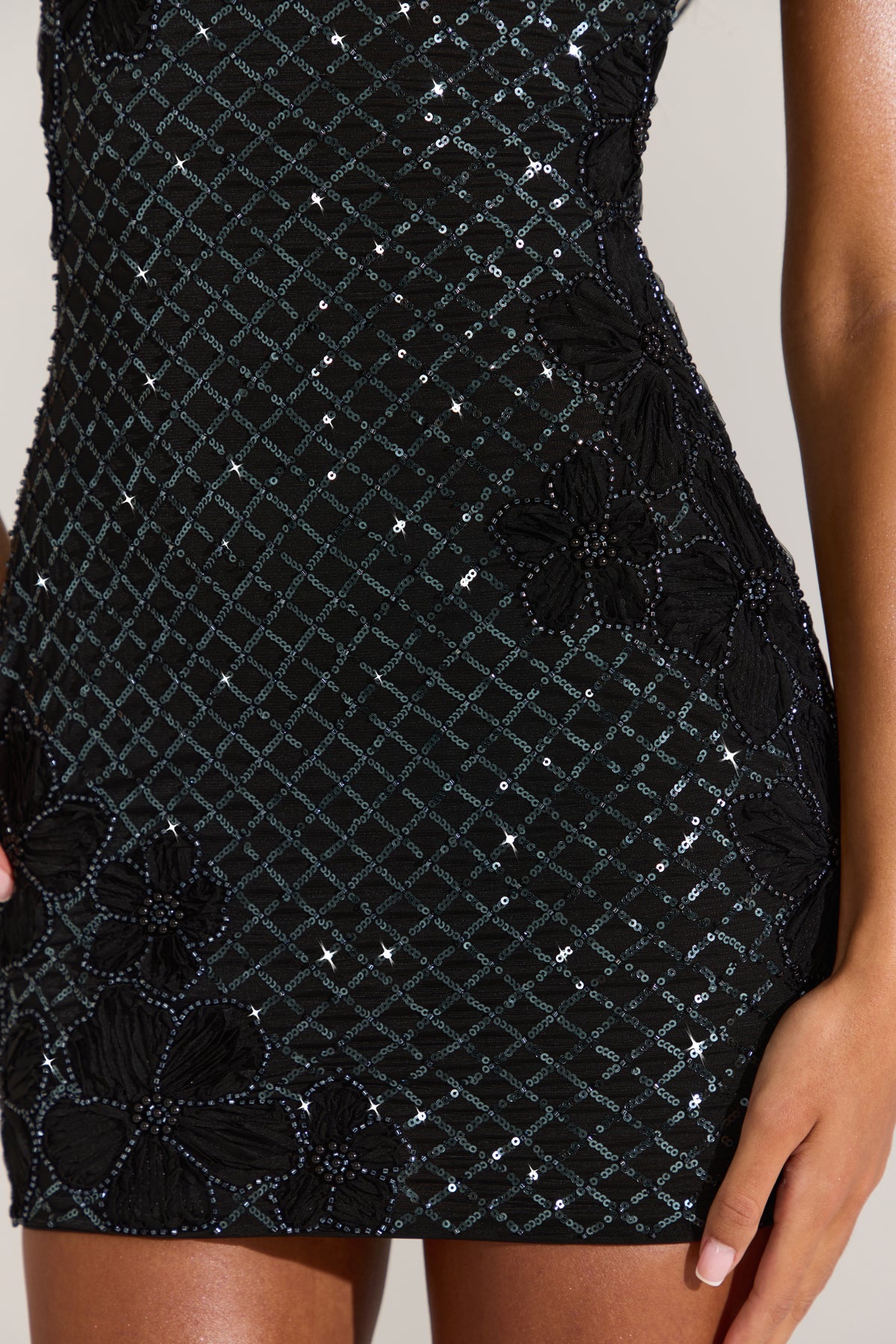 Embellished Square-Neck Mini Dress in Black
