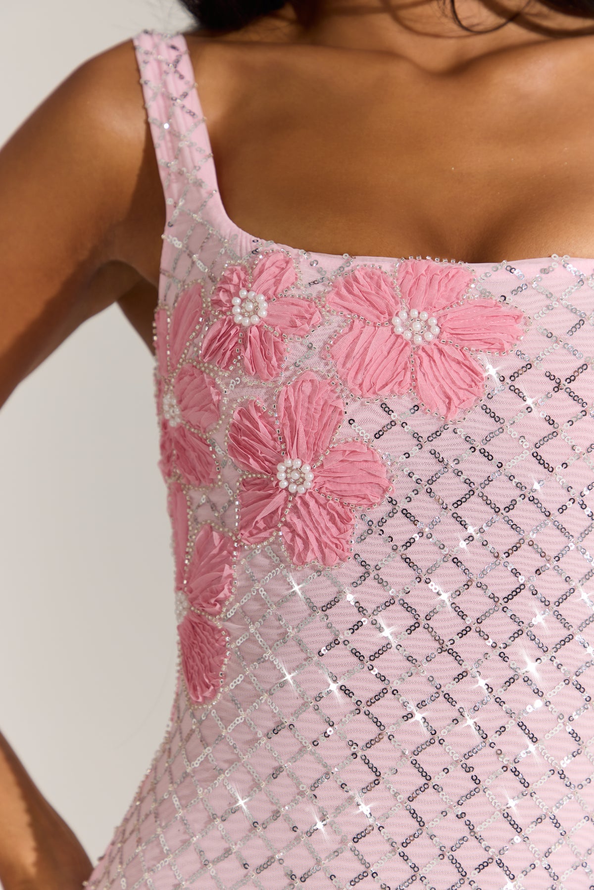 Embellished Square-Neck Mini Dress in Blossom Pink