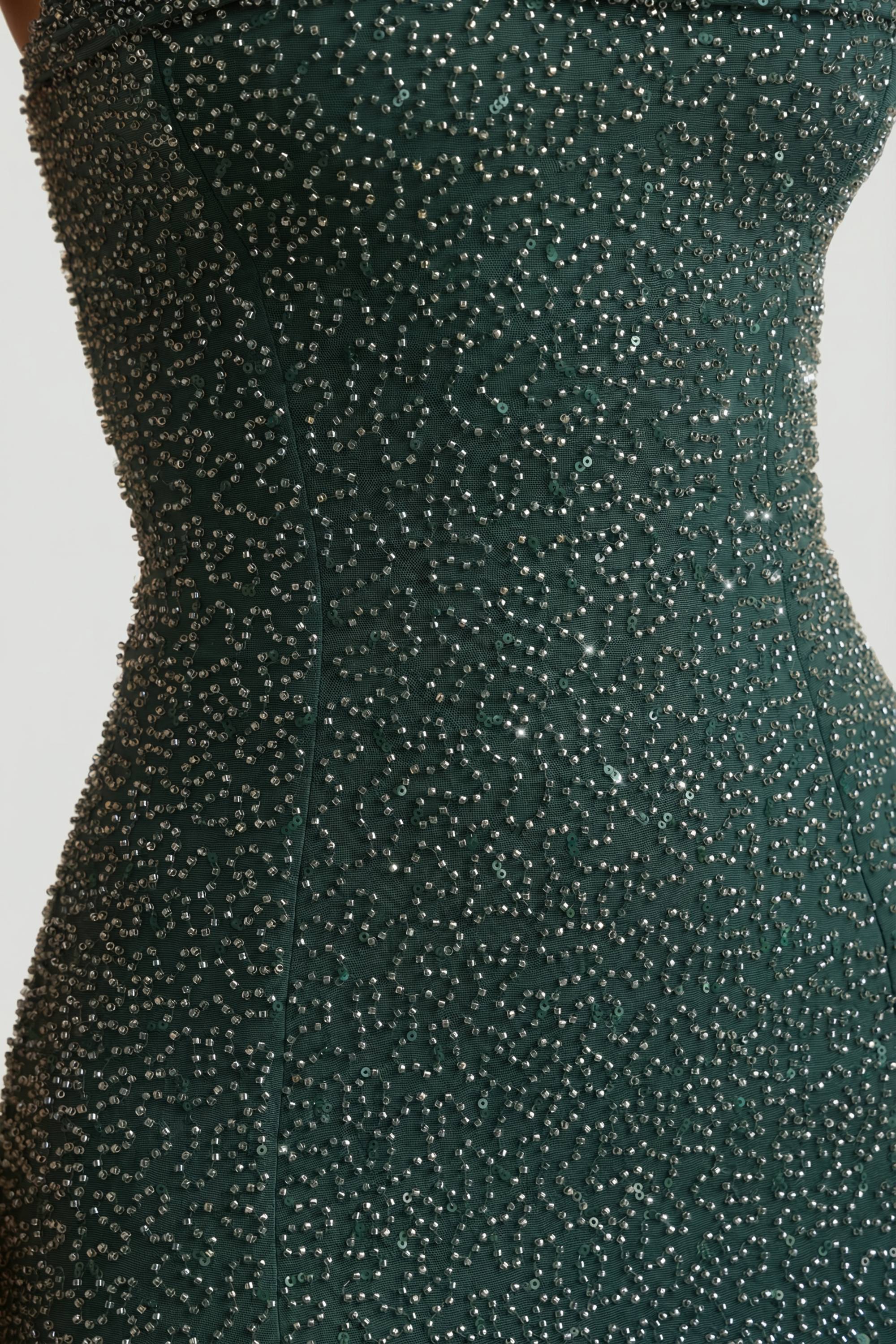 Embellished Strapless Cowl-Neck Maxi Dress in Emerald Green