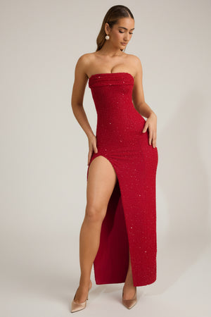 La Rochette Embellished Strapless Cowl-Neck Maxi Dress in True Red