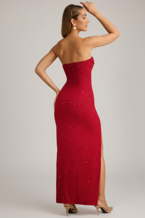 red long dress strapless La Rochette Embellished Strapless Cowl-Neck Maxi Dress in Rouge