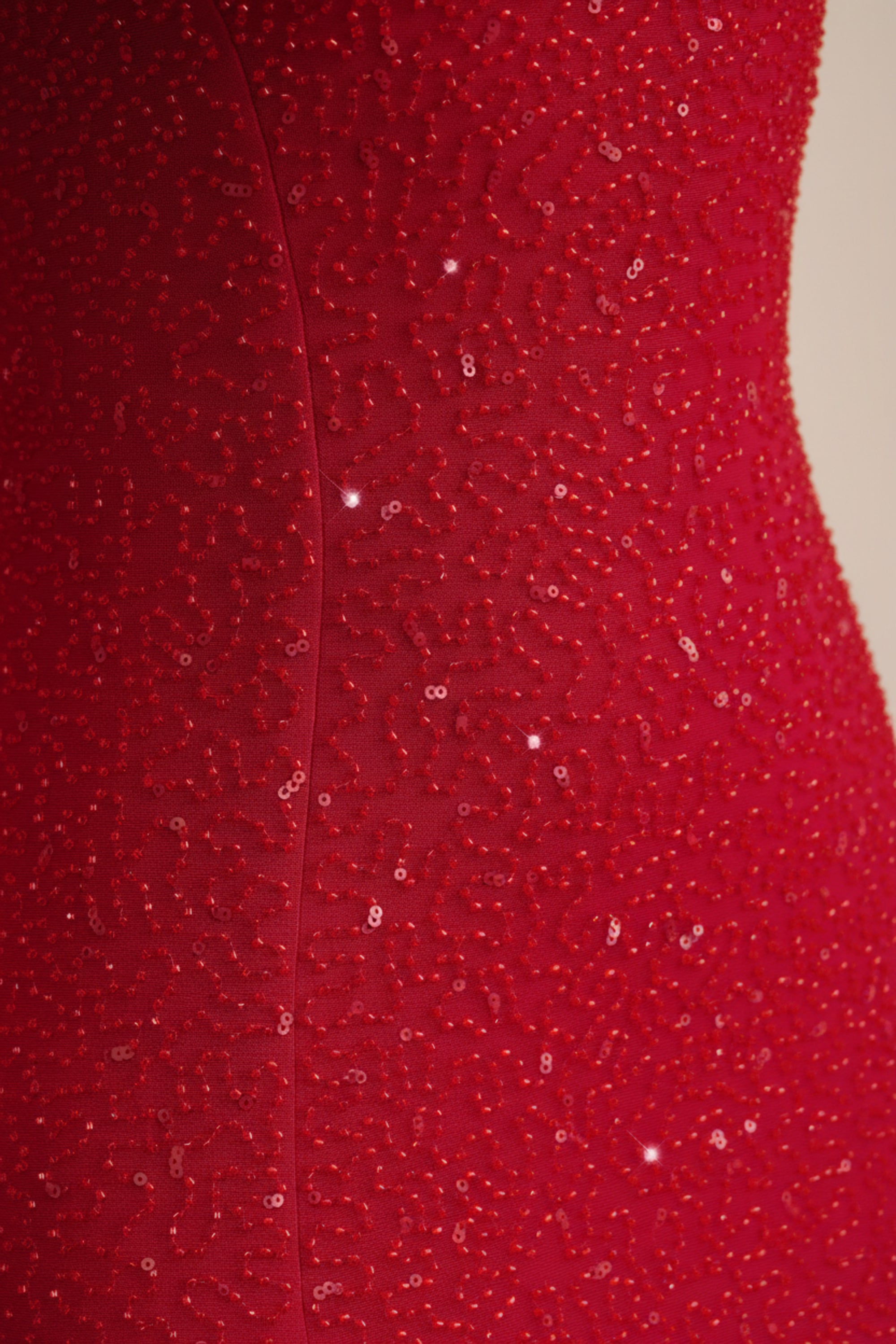 Embellished Strapless Cowl-Neck Maxi Dress in Rouge