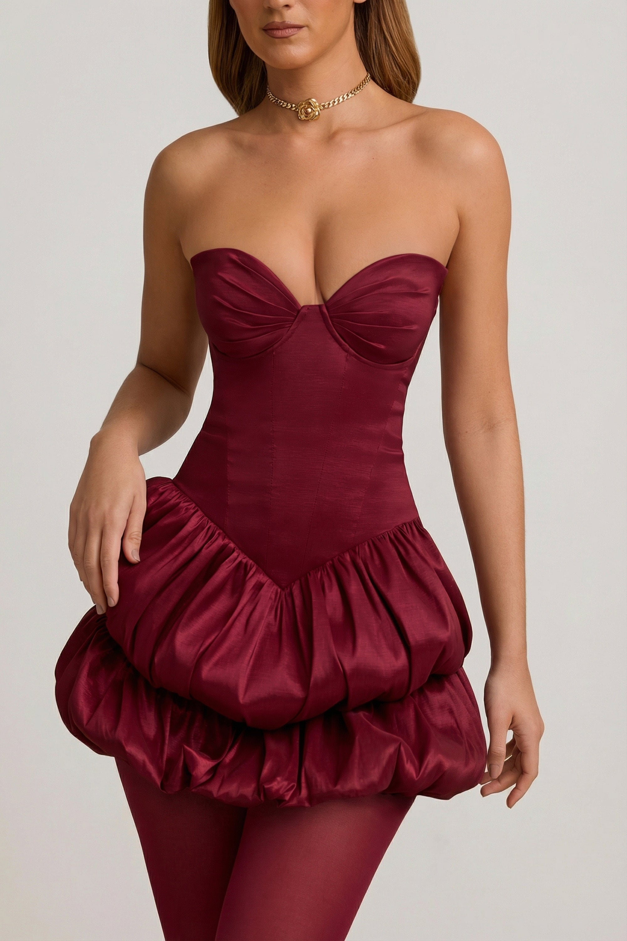 Satin Bubble Hem Corset Mini Dress in Wine Red