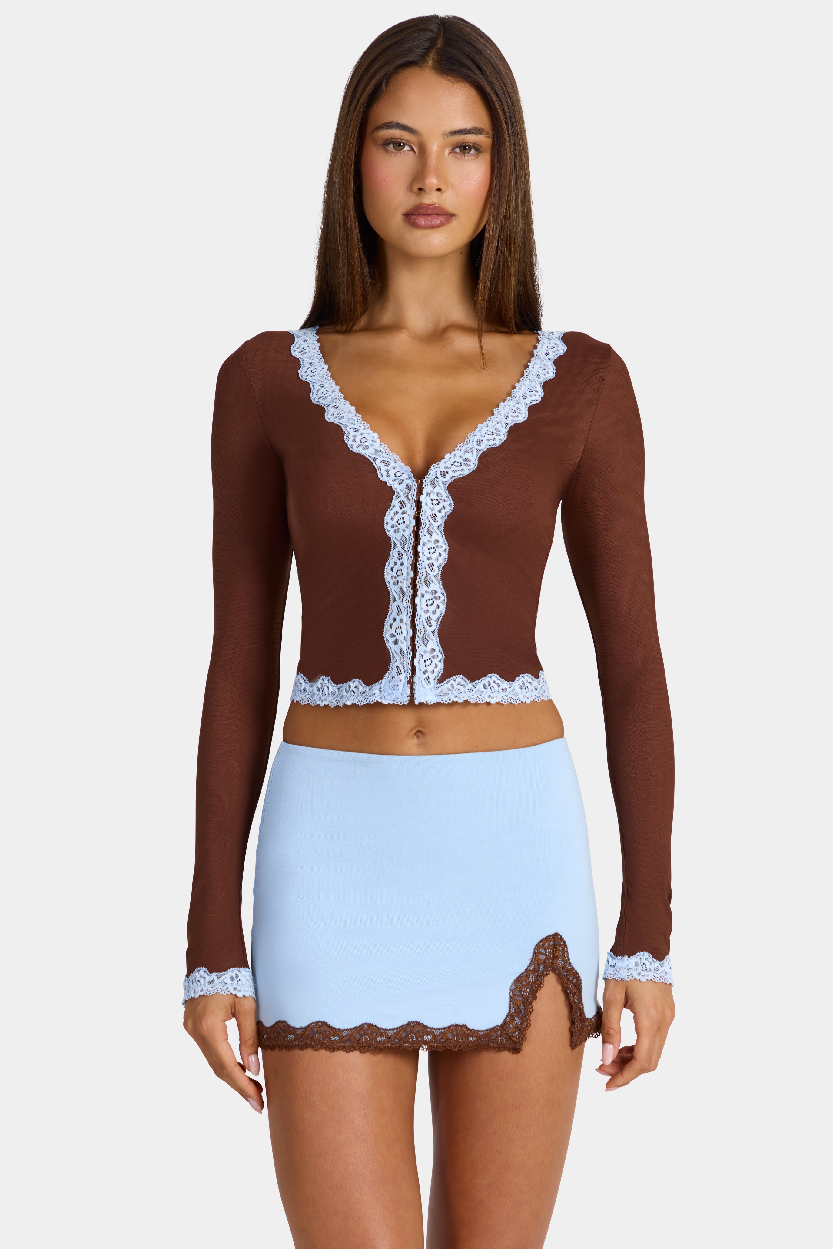 Laksila Lace-Trim Cropped Cardigan in Cocoa Brown | Oh Polly – Oh