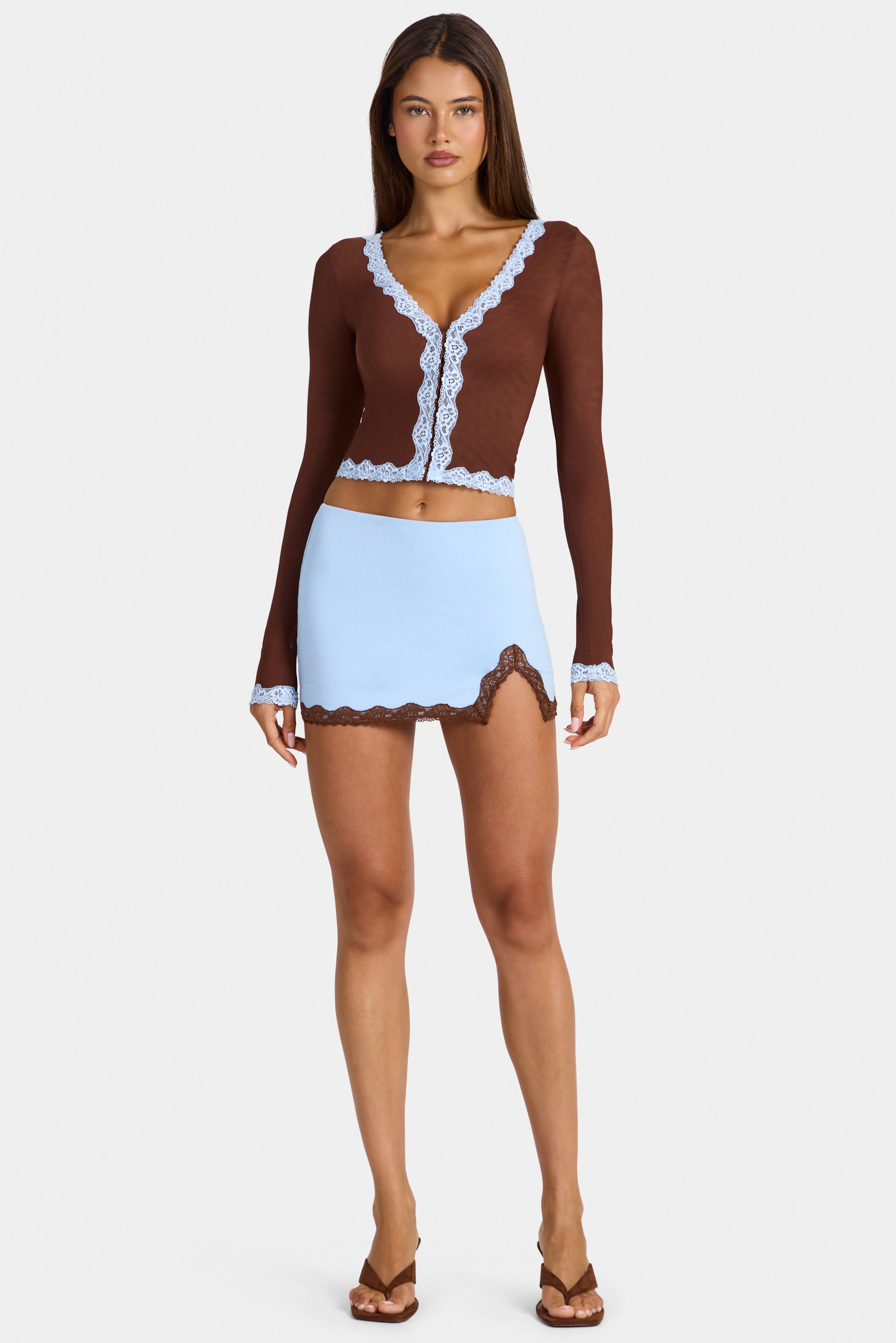Lace-Trim Cropped Cardigan  in Cocoa Brown