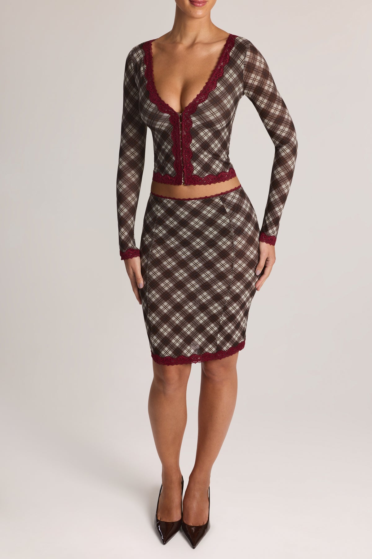 Lace-Trim Cropped Cardigan in Diagonal Check Print