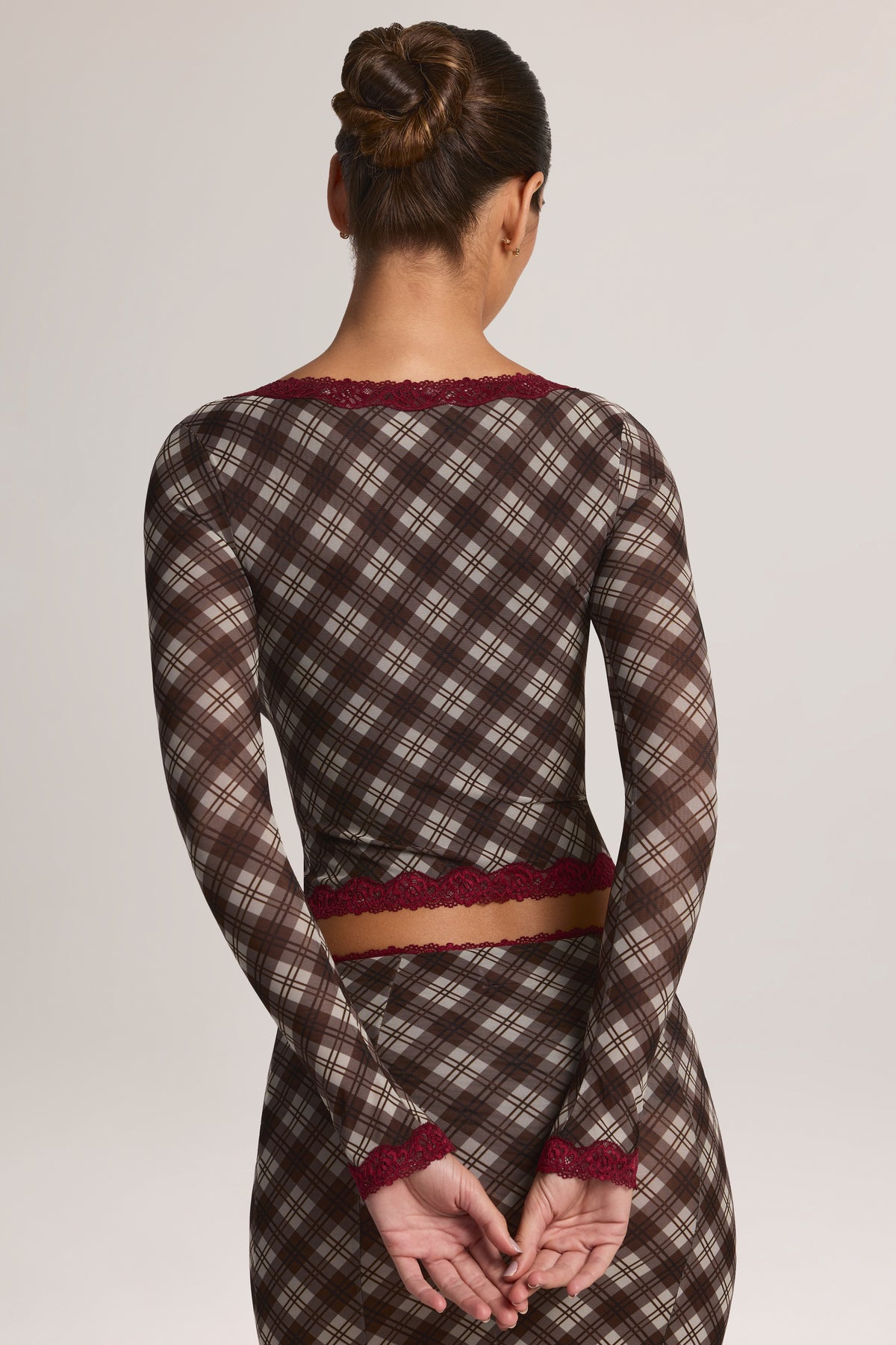 Lace-Trim Cropped Cardigan in Diagonal Check Print