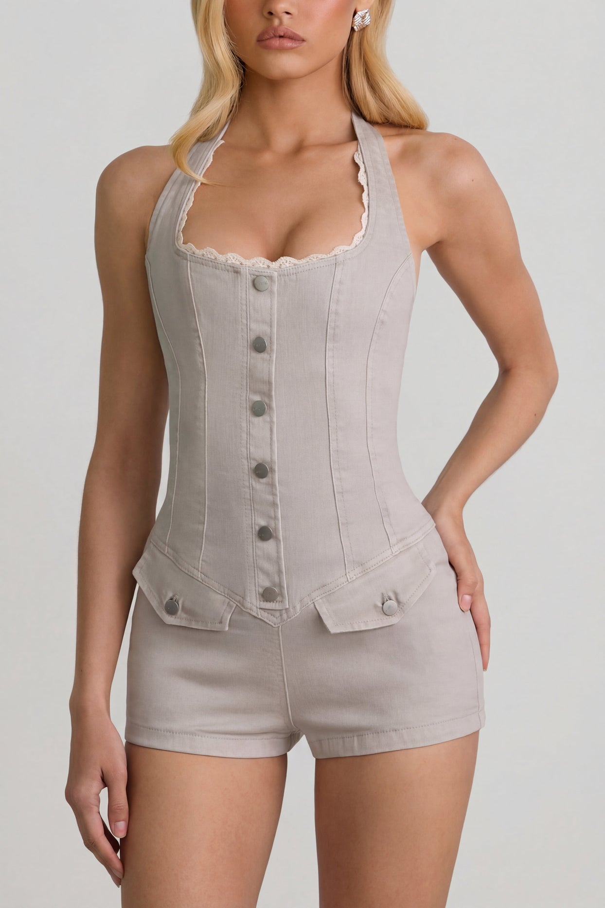 Button-Down Halterneck Playsuit in Ecru - 5