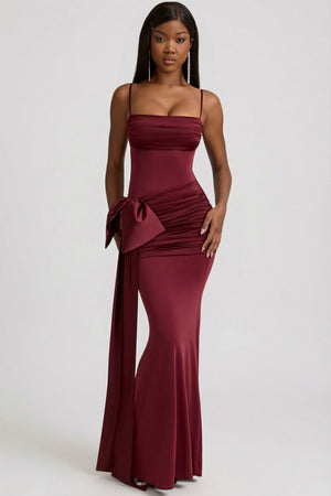 lauraline maxi dress Laurelina Bow-Detail Ruched Maxi Dress in Wine Red
