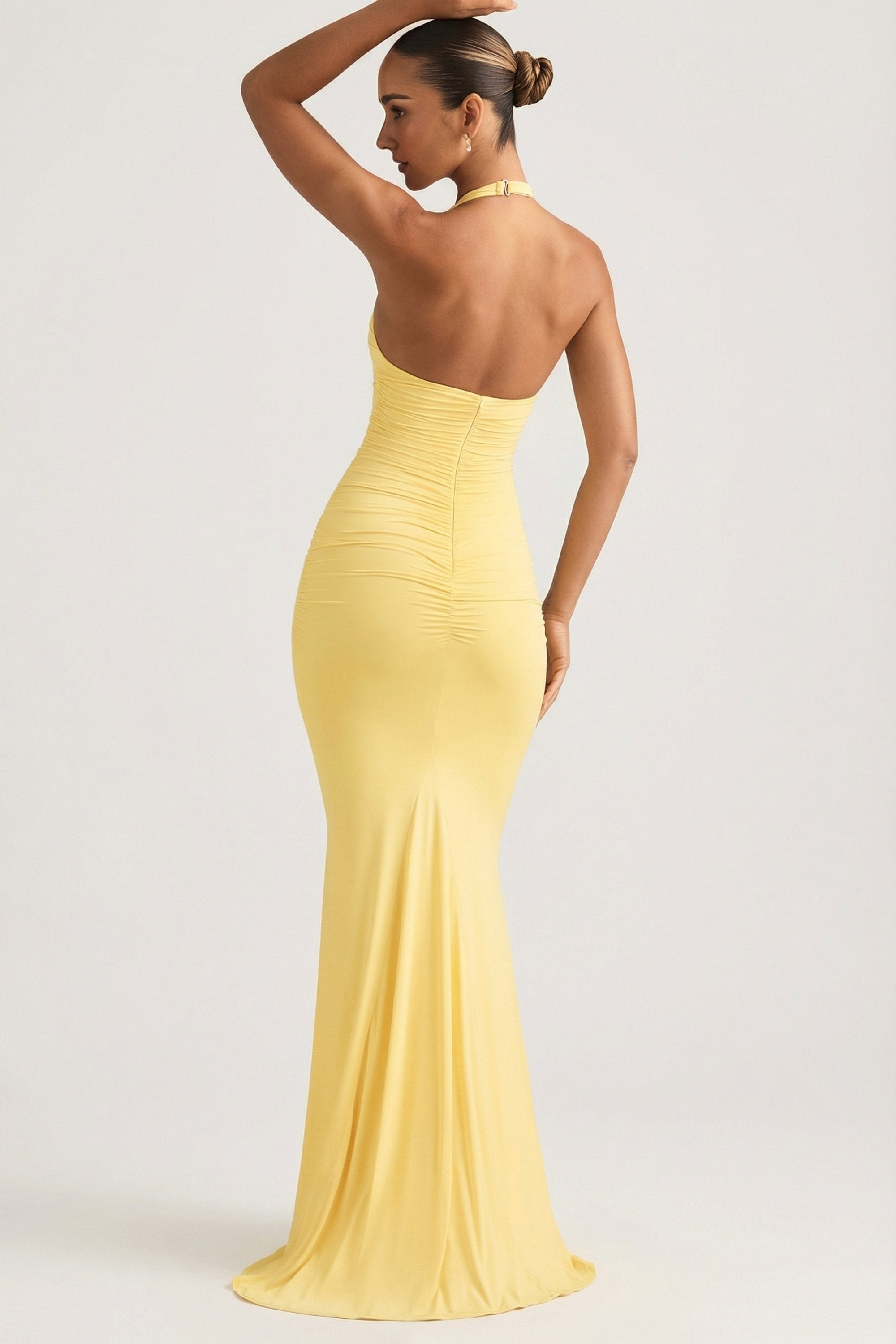 Tove Ruffled Backless Halterneck Maxi Dress in Lemon Yellow