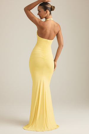 Ruched Backless Halterneck Gown in Pastel Yellow
