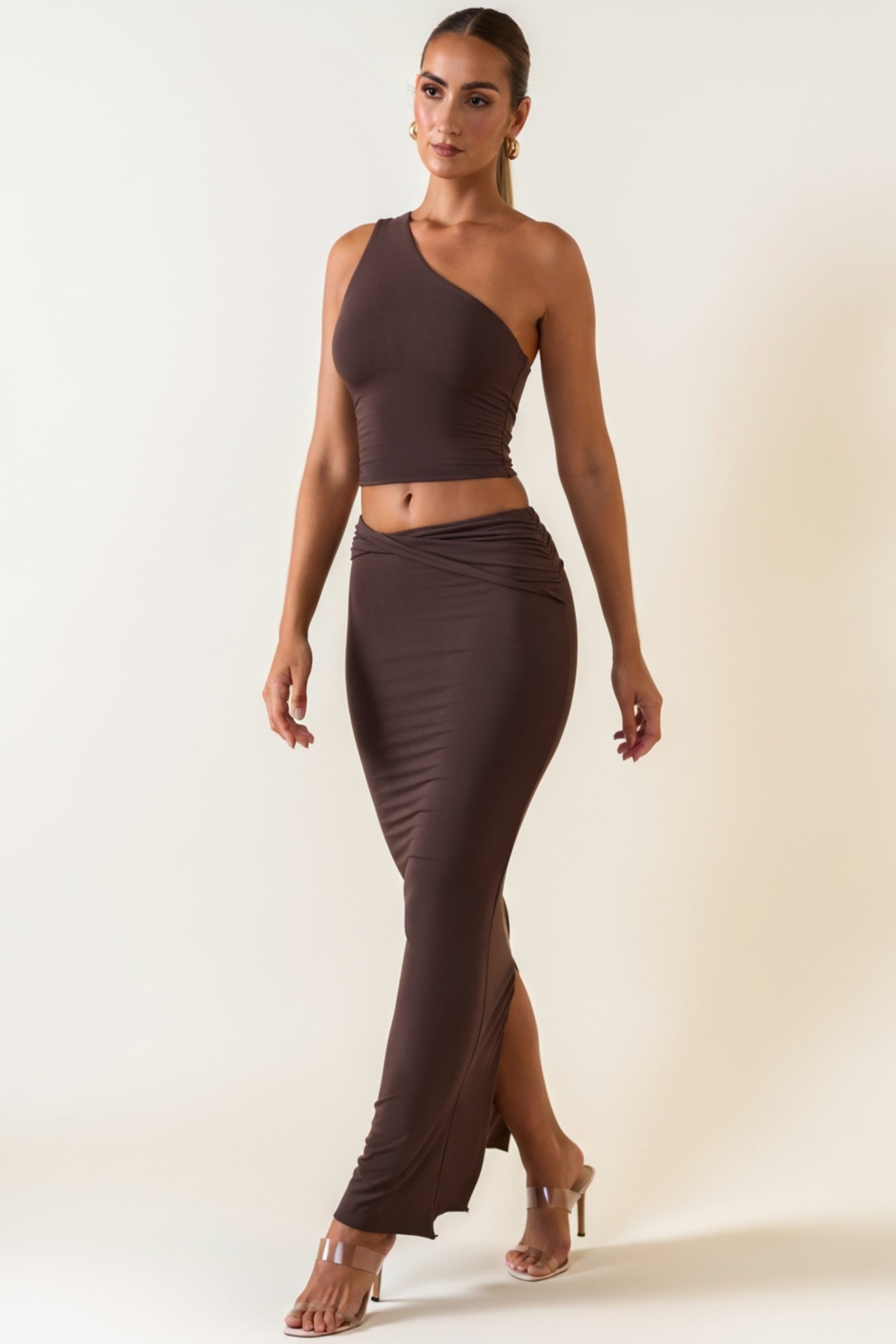 Modal Twist-Front Maxi Skirt in Chocolate Brown