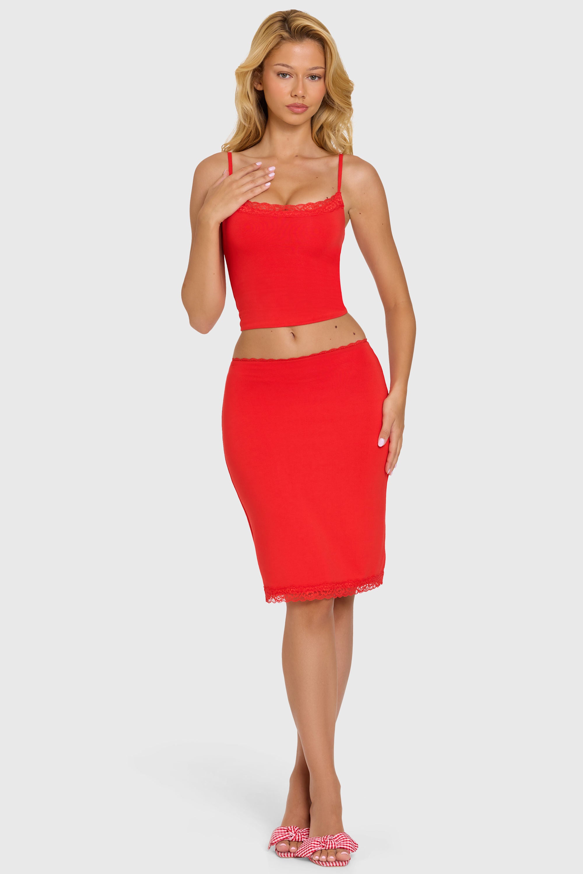 Modal Lace-Trim Midi Skirt in Cherry - 1