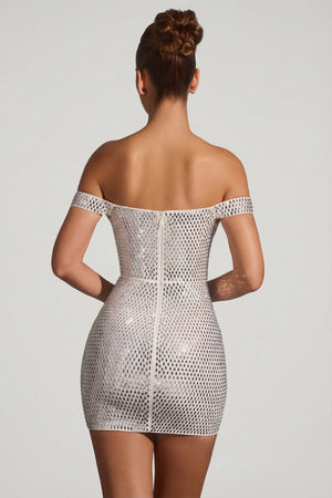 Embellished Off-Shoulder Mini Dress in White