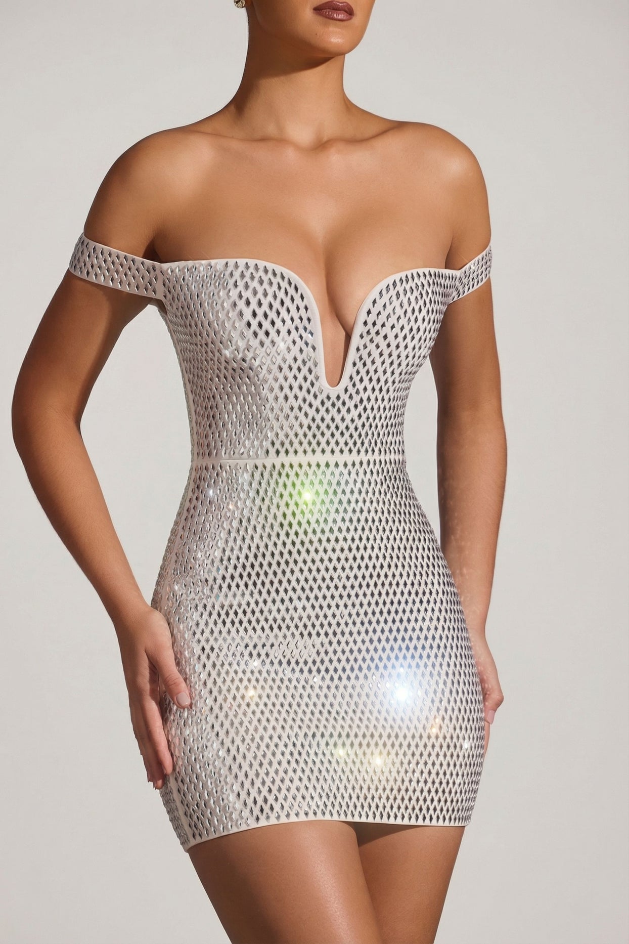 Embellished Off-Shoulder Mini Dress in White - 4