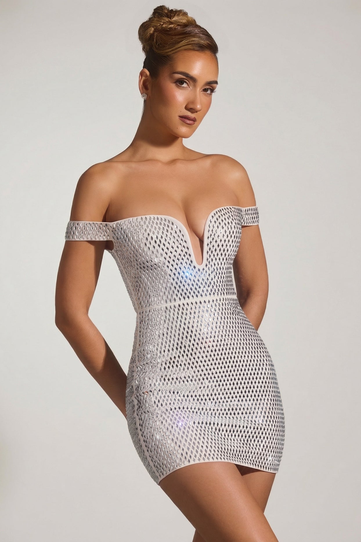 Embellished Off-Shoulder Mini Dress in White - 7