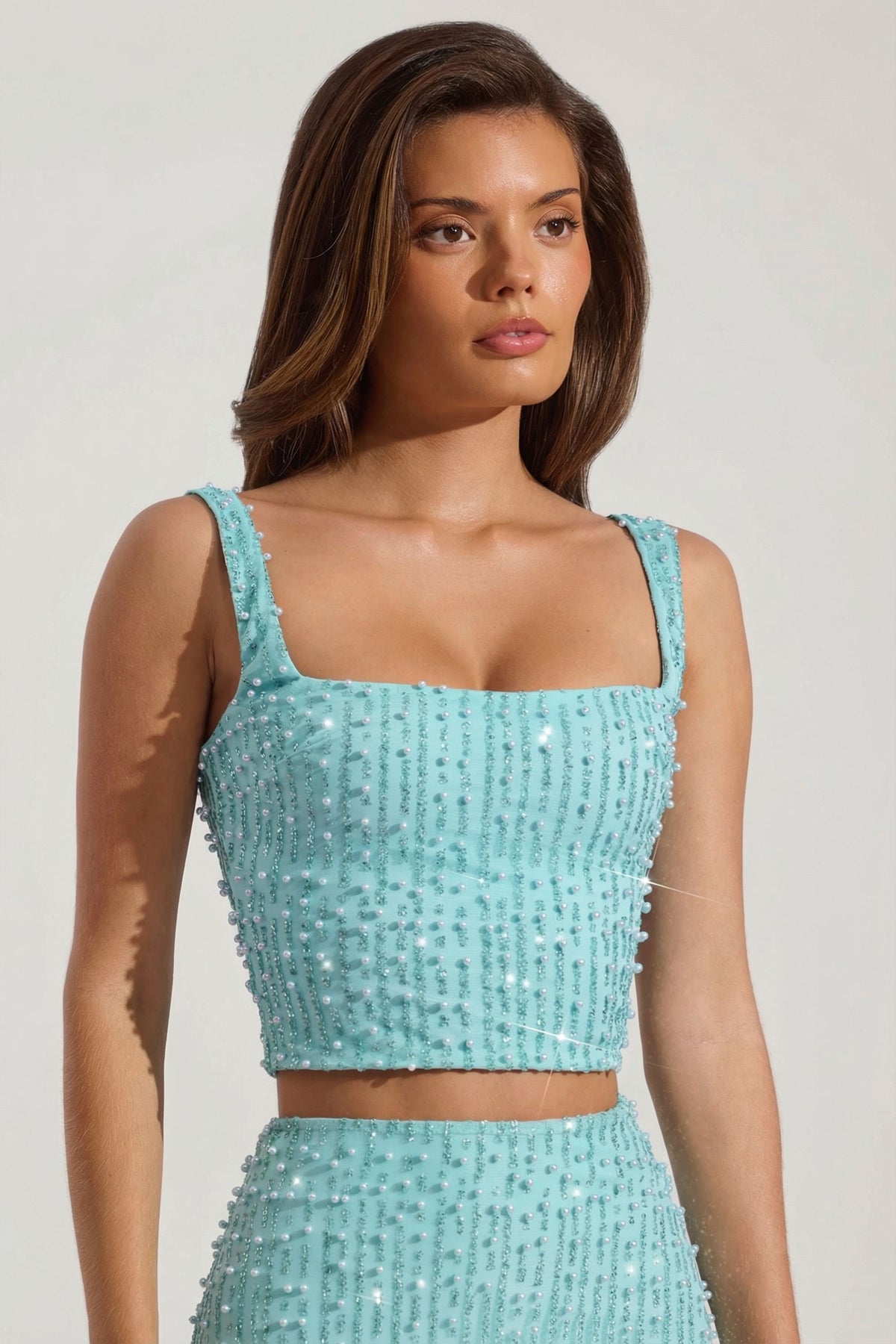 Embellished Square-Neck Crop Top in Aquamarine - 1