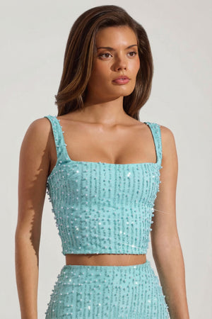 Embellished Square-Neck Crop Top in Aqua Blue