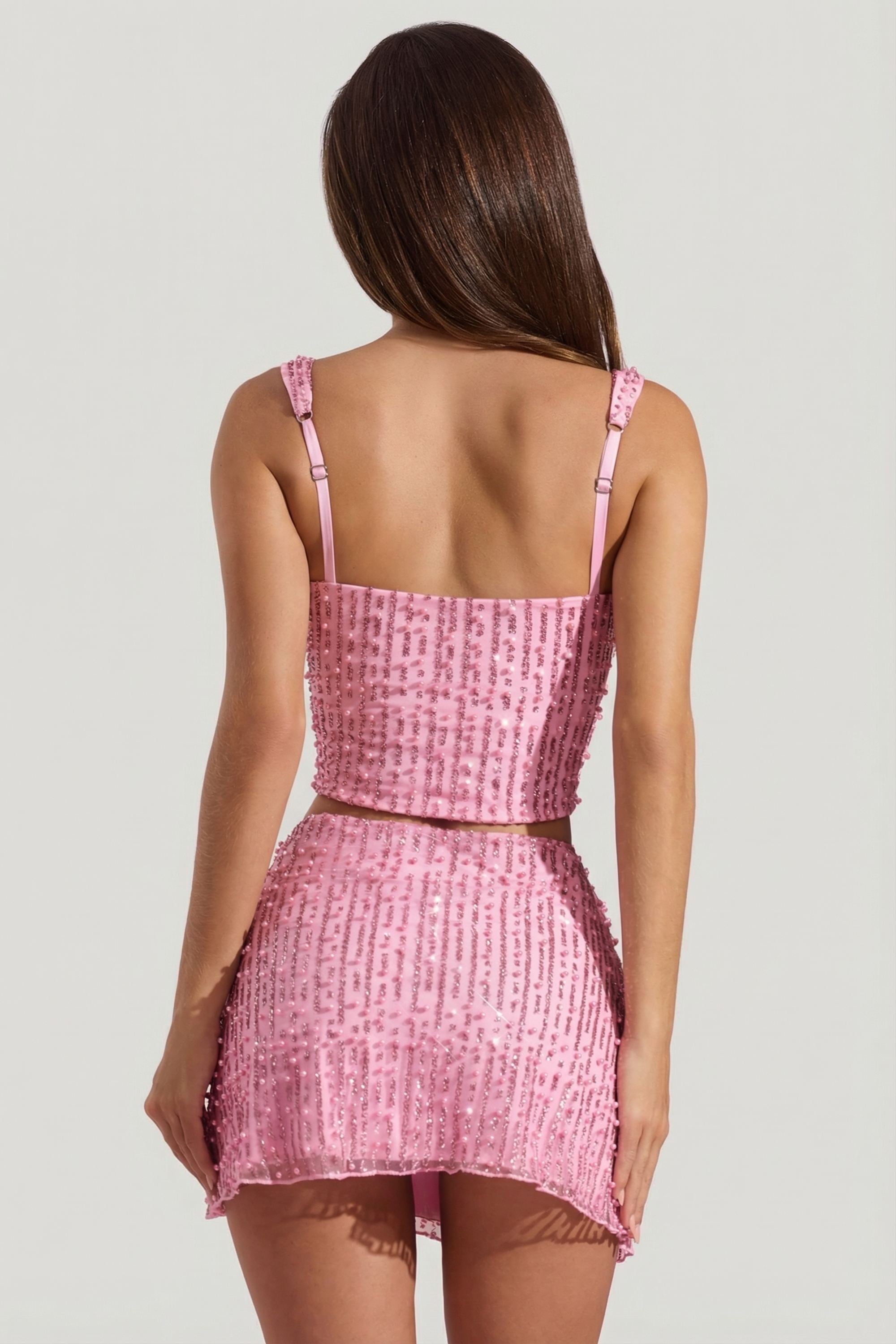 Valley Heart-Shaped Pearl Embellished Mini Dress in Pink