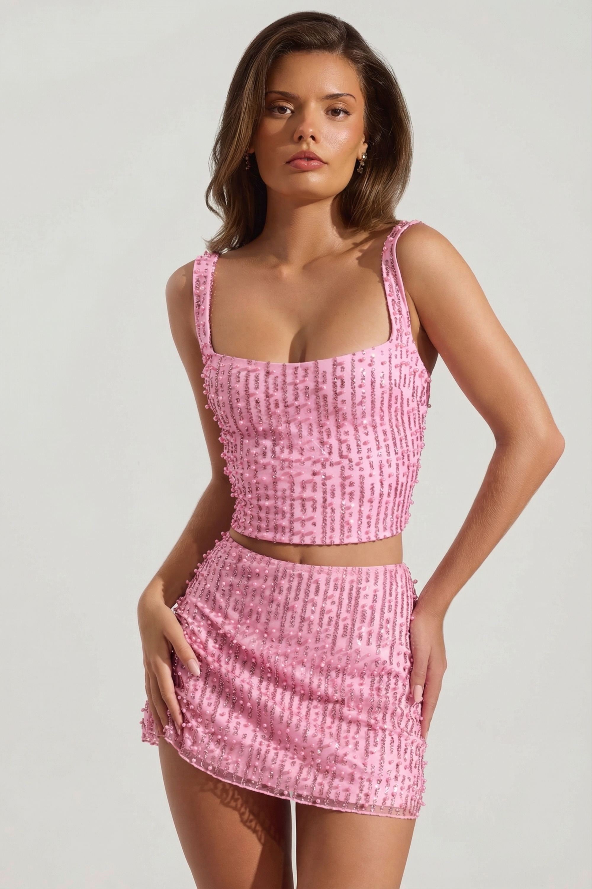Embellished Square-Neck Crop Top in Posy