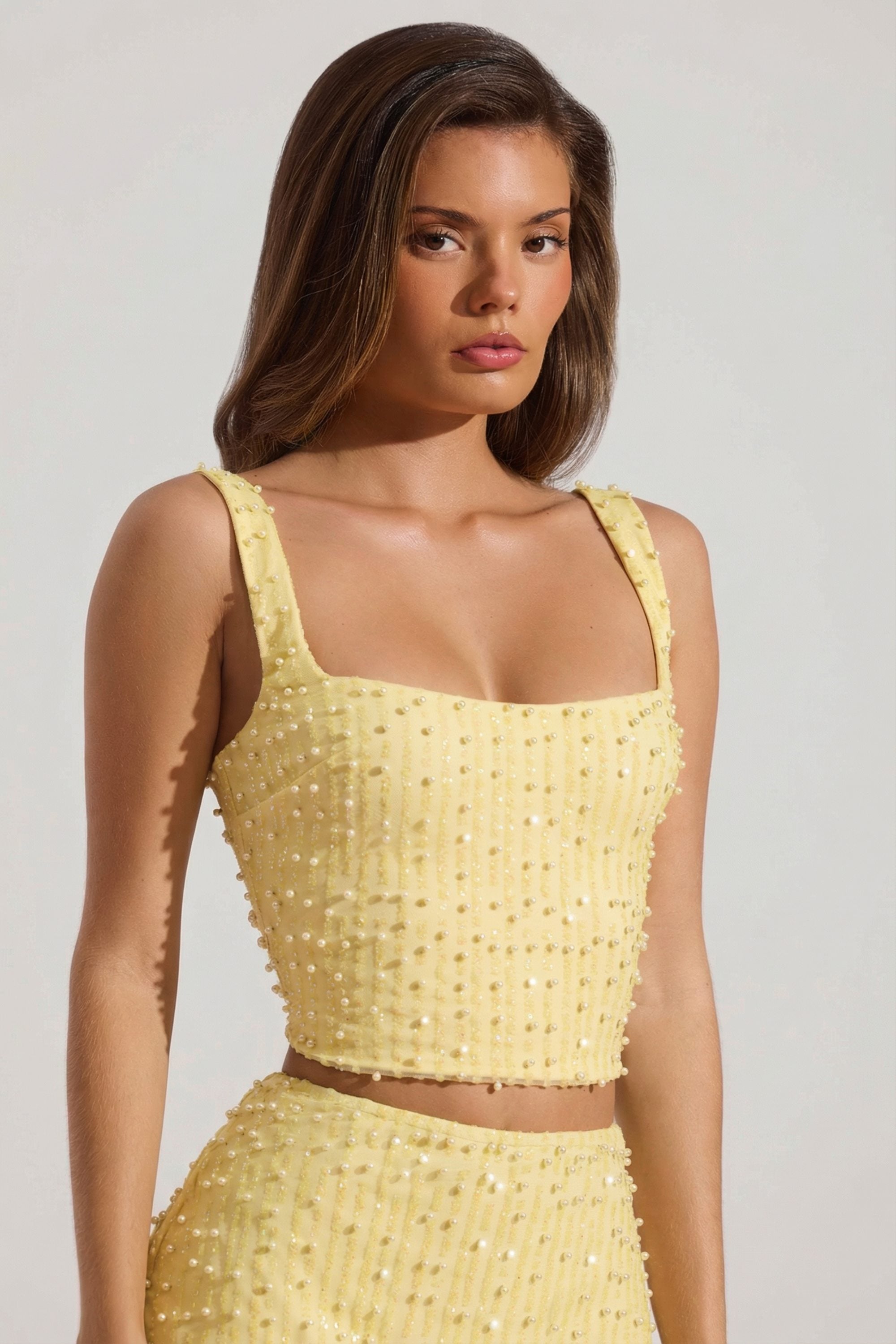 Embellished Square-Neck Crop Top in Limoncello