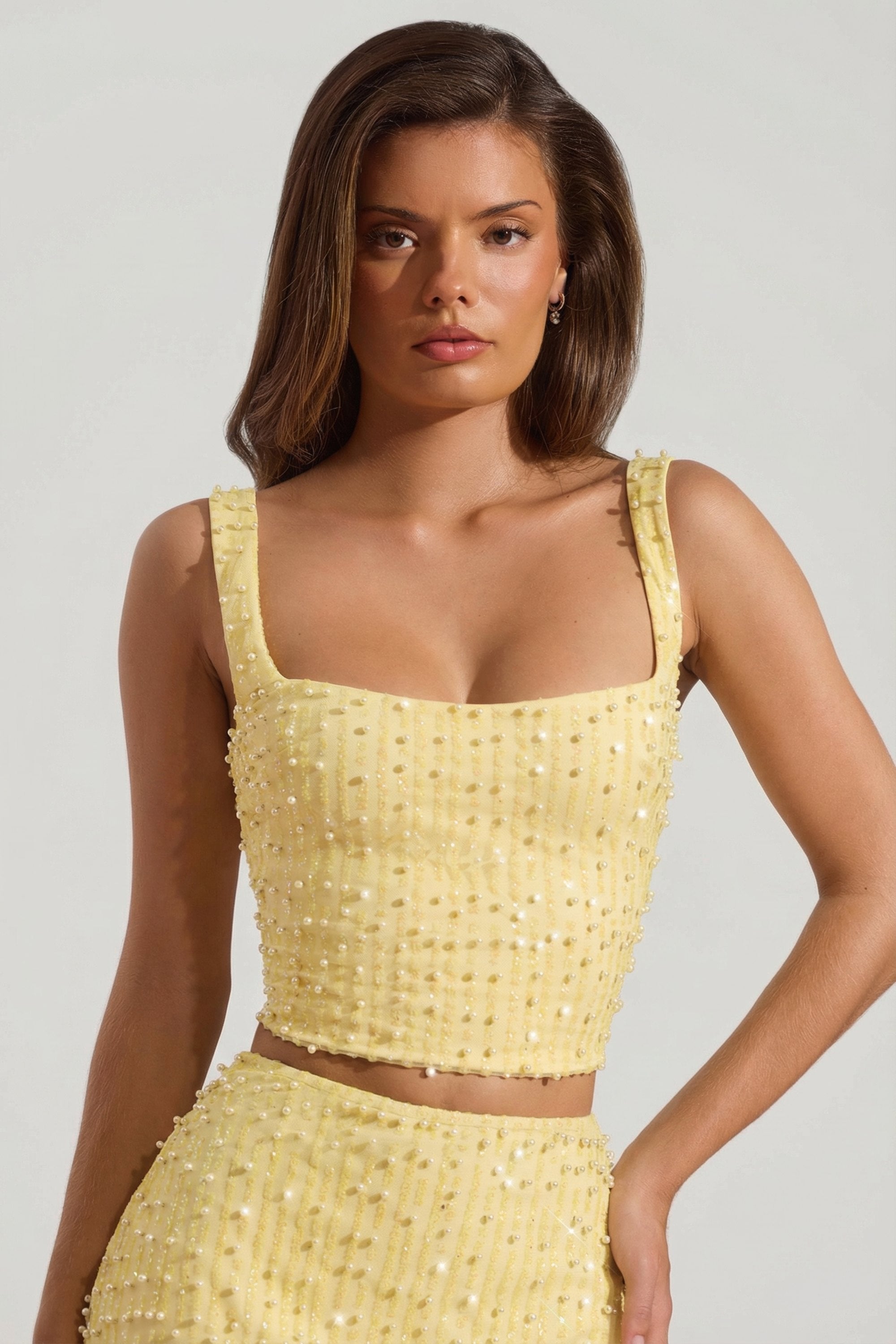 Embellished Square-Neck Crop Top in Limoncello