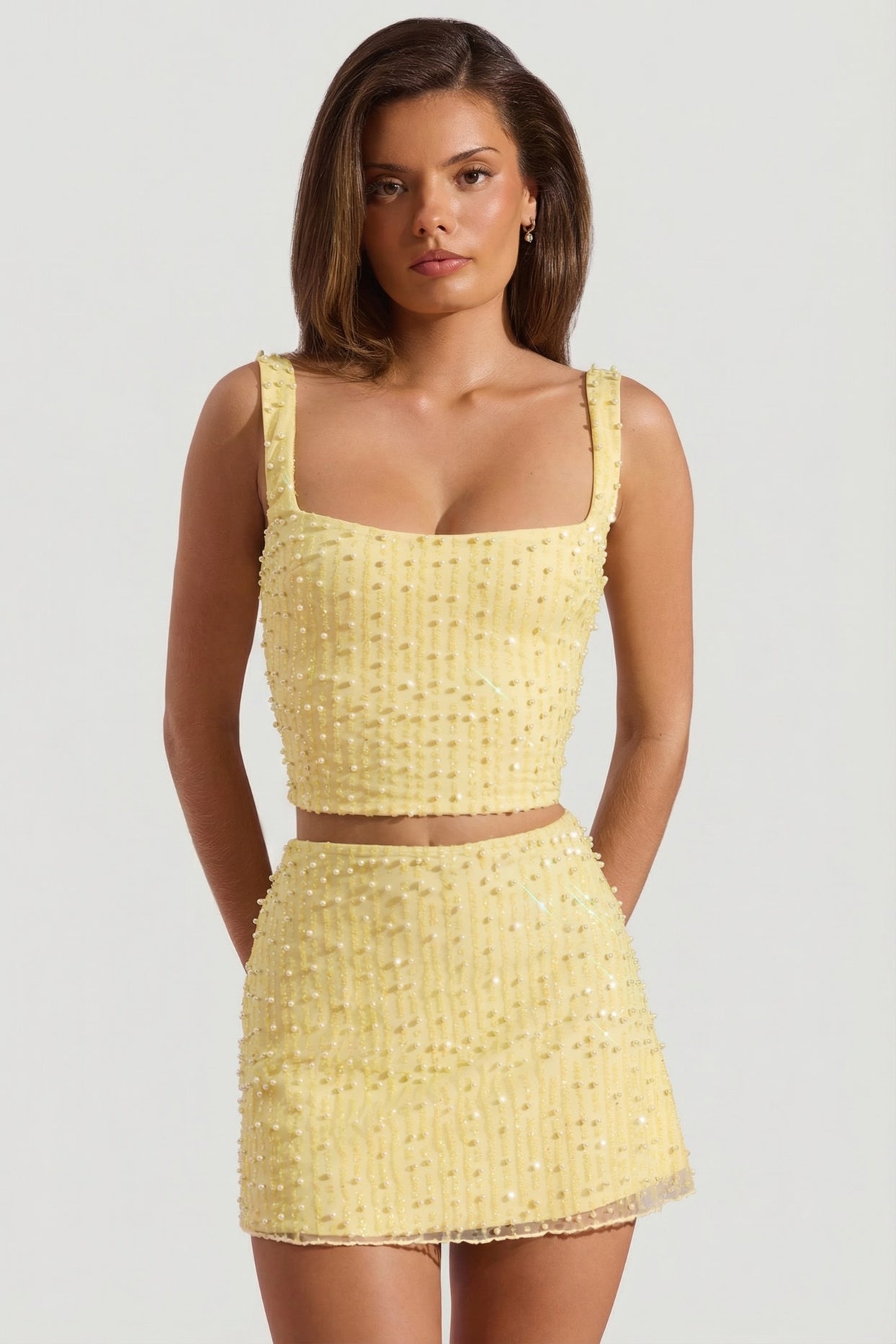 Embellished Square-Neck Crop Top in Yellow - 9